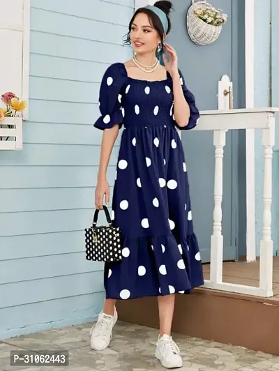 Graceful Polka Dot Blue Crepe Midi Dress For Women-thumb0