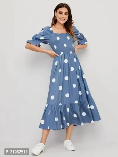 Graceful Polka Dot  Light Blue Crepe Midi Dress For Women-thumb0