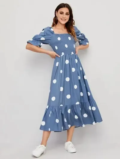 Graceful Polka Dot Light Crepe Midi Dress For Women