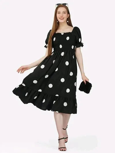 Graceful Polka Dot Crepe Midi Dress For Women