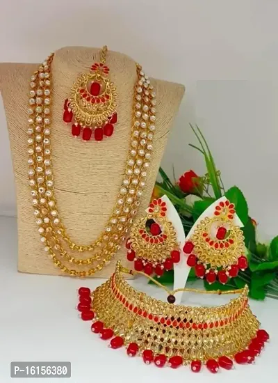 ETHNIC INDIAN GOLD PLATED KUNDAN DULHAN BRIDAL JEWELLERY COMBO SET WITH MAANGTIKKA AND EARRINGS-thumb0