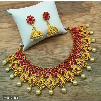 Traditional Gold Plated Artificial pota Stone Necklace Set With Earrings, Indian Women Wedding, Festive Wear Jewelry Set, Beautiful Choker Set-thumb0