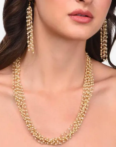 Pearls Gold Tone Multistrand Pearls Embellished Necklace  Earring Set