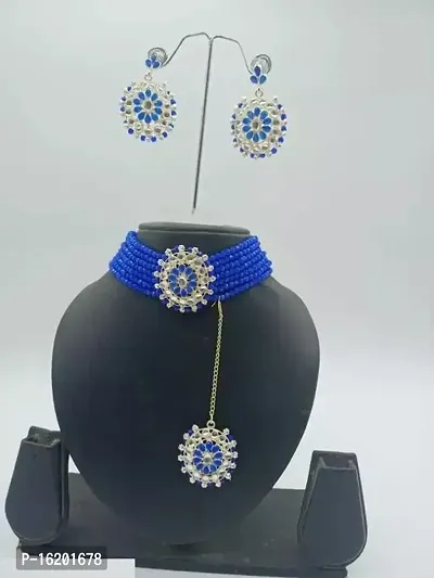 Crystals Beaded Traditional Choker Necklace, Maang Tikka  Earring Set For Women