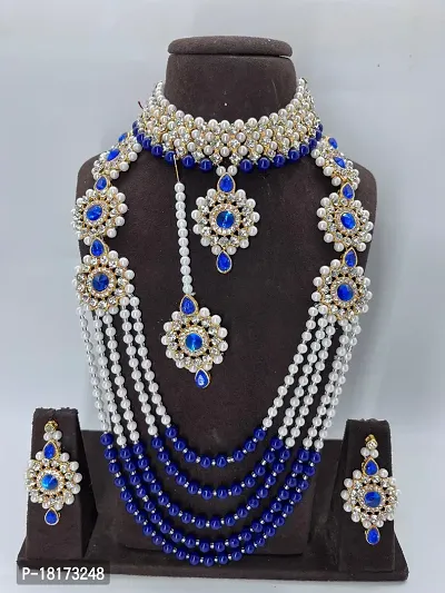 5 Line Choker Necklace and Mala Set with Earrings and Mangtikka for Women - Blue