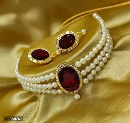 Alloy Gold - Plated Maroon, White Jewel Set ( Pack of 1 )-thumb0