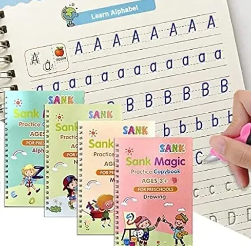Magic Handwriting Practice Book for Kids Magic Practice Copybook with Auto Disappear Ink Pen (4 Book + 10 Refill+ 1 Pen +1 Grip)  Capital Letters, Small Letters, Patterns and Numbers
