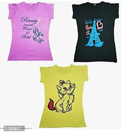 Girl's Cotton Printed T-Shirt Pack Of 3