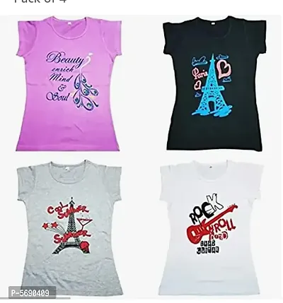 Girl's Cotton Printed T-Shirt Pack Of 4