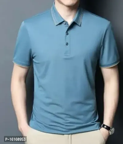 Reliable Blue Polyester Solid Polos For Men-thumb0