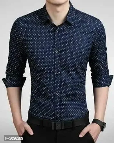 Navy Blue Printed Cotton Regular Fit Casual Shirt-thumb0