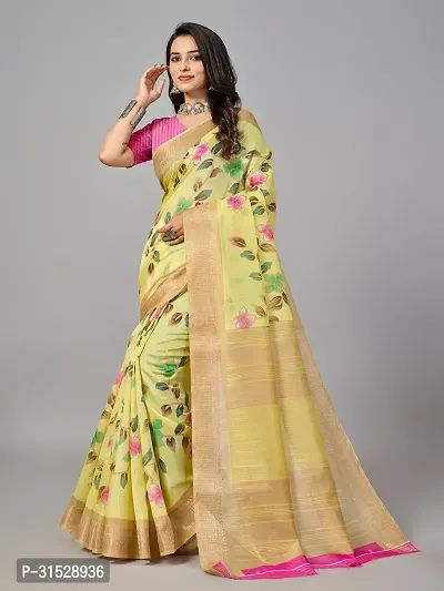 Stylish Yellow Cotton Saree With Blouse Piece For Women-thumb0