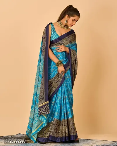 Stylish Blue Crepe Printed Saree With Blouse Piece For Women-thumb0