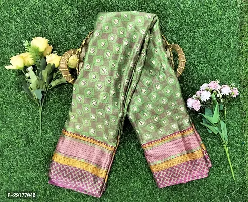 Beautiful Crepe Green Printed  Saree with Blouse piece For Women