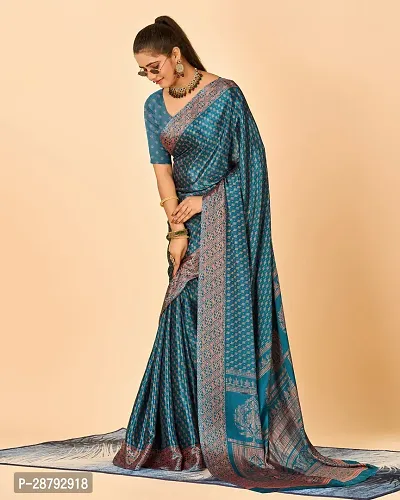 Stylish Blue Crepe Printed Saree With Blouse Piece For Women