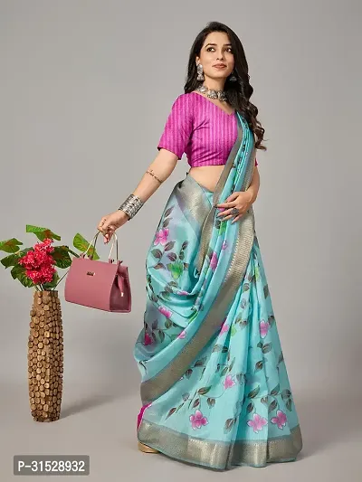 Stylish Turquoise Cotton Saree With Blouse Piece For Women