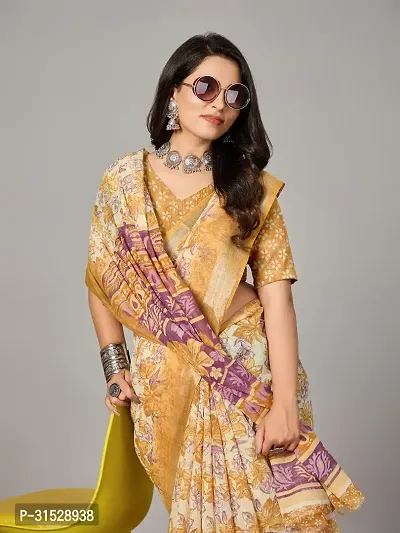 Stylish Yellow Cotton Saree With Blouse Piece For Women-thumb4