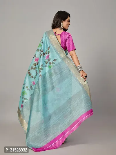 Stylish Turquoise Cotton Saree With Blouse Piece For Women-thumb2