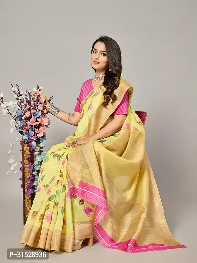 Stylish Yellow Cotton Saree With Blouse Piece For Women-thumb4