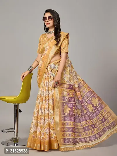 Stylish Yellow Cotton Saree With Blouse Piece For Women