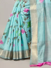 Stylish Turquoise Cotton Saree With Blouse Piece For Women-thumb2