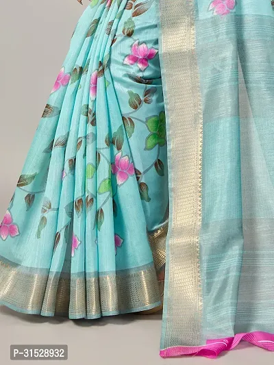 Stylish Turquoise Cotton Saree With Blouse Piece For Women-thumb3