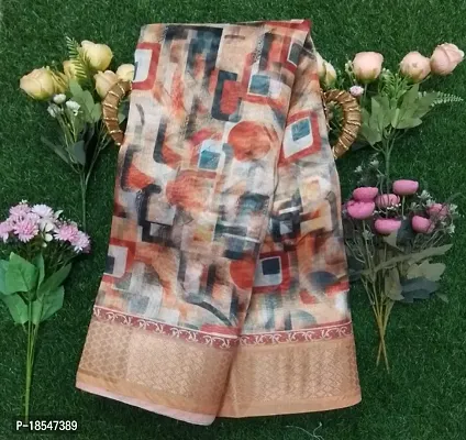 Linen fabric digital printed saree with running blouse
