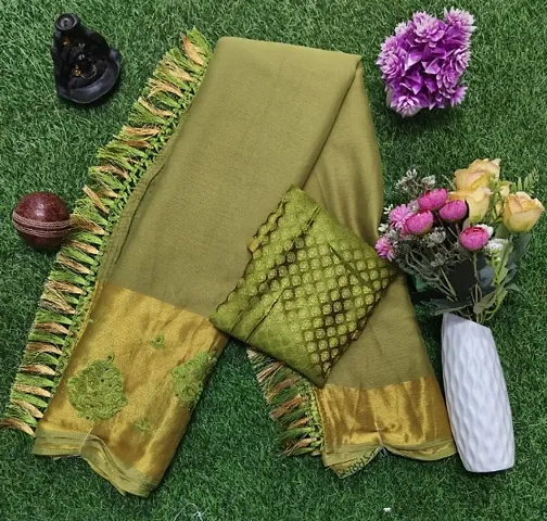 Moss Chiffon silk saree with fancy Embroidery big border and separate Banarasi Jacquard blouse