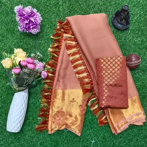 Moss Chiffon silk saree with fancy Embroidery big border and separate Banarasi Jacquard blouse