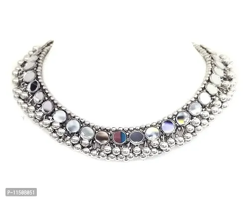 Total Fashion Afghani Oxidised Silver Mirror Choker Necklace for Girls  Women