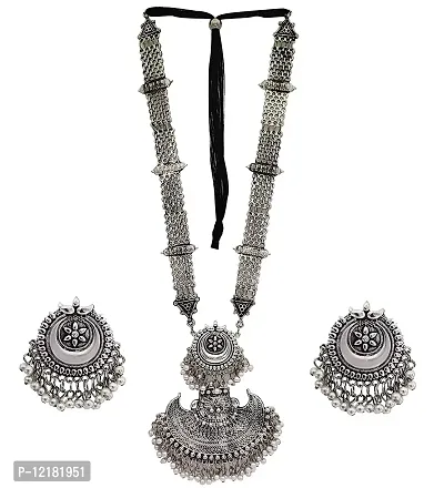 Paninaro Celebrity Fashion Afghani Oxidised Silver Jewellery Stylish Antique Long Necklace Set for Women And Girls-thumb0