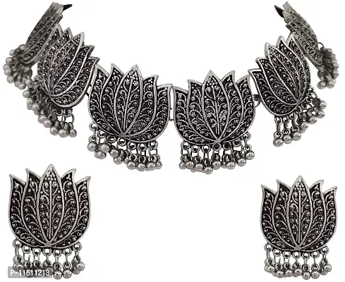 Total Fashion Base Metal  Oxidized Silver Lotus Choker Necklace for Women (Silver)