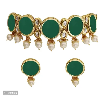 Paninaro Handmade Gold Plated Kundan Work Green Choker Necklace with Earrings Set for Women-thumb0