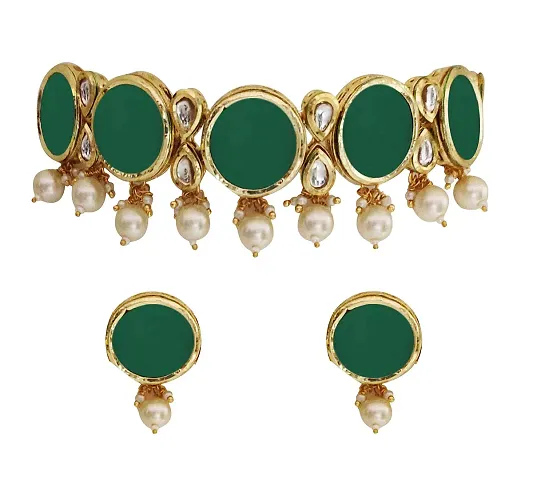 Paninaro Handmade Gold Plated Kundan Work Green Choker Necklace with Earrings Set for Women