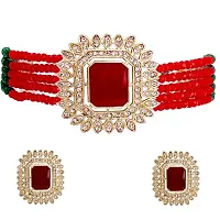 Paninaro Handmade Gold Plated Stone  MultiStrand Red/Green Choker Necklace with Earrings Set for Women-thumb3