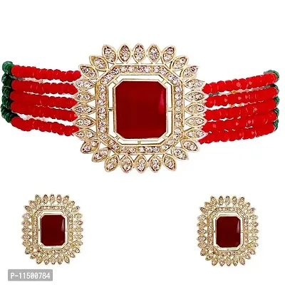 Paninaro Handmade Gold Plated Stone  MultiStrand Red/Green Choker Necklace with Earrings Set for Women-thumb4