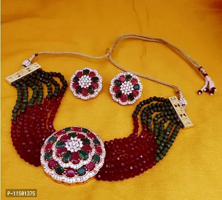 Paninaro Handmade Gold Plated American Diamond  MultiStrand Choker Necklace with Earrings Set for Women-thumb2