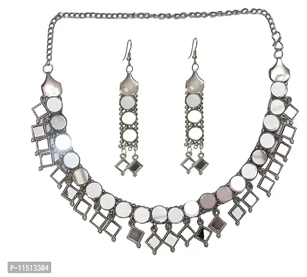 Paninaro Oxidised Silver Jewellery Afghani Mirror Necklace Set for Women & Girls