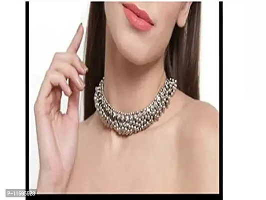 Paninaro Boho Designer Oxidized German Silver Choker Necklace Set for Girls & Women (Silver)-thumb2