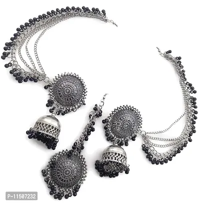 Total Fashion Oxidised Silver Antique Traditional Maang Tikka with Earrings Jewellery Set for Women and Girls(Black)-thumb4