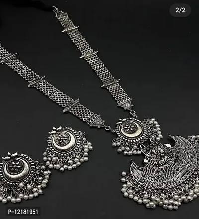 Paninaro Celebrity Fashion Afghani Oxidised Silver Jewellery Stylish Antique Long Necklace Set for Women And Girls-thumb4