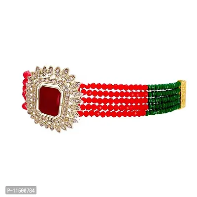 Paninaro Handmade Gold Plated Stone  MultiStrand Red/Green Choker Necklace with Earrings Set for Women-thumb3