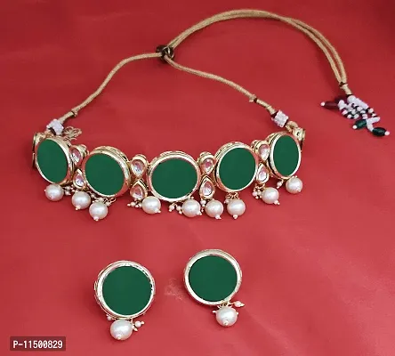 Paninaro Handmade Gold Plated Kundan Work Green Choker Necklace with Earrings Set for Women-thumb5