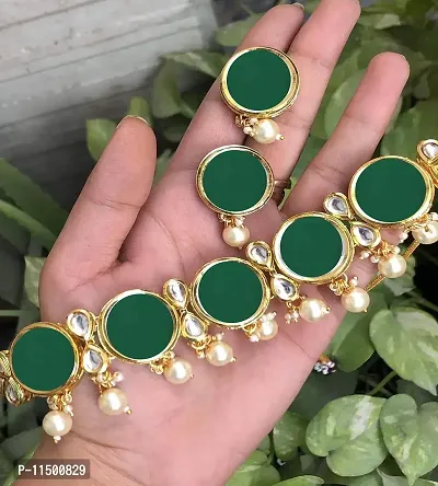 Paninaro Handmade Gold Plated Kundan Work Green Choker Necklace with Earrings Set for Women-thumb3
