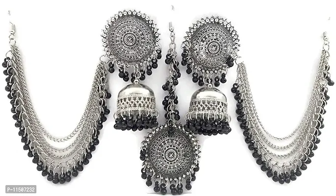 Total Fashion Oxidised Silver Antique Traditional Maang Tikka with Earrings Jewellery Set for Women and Girls(Black)-thumb0