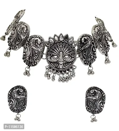 Total Fashion Jewellery Oxidised Silver Latest Desigen Dancing Peacock Choker Necklace Set for Women  Girls