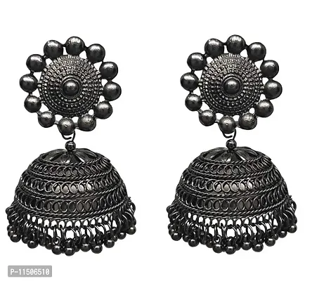 Krelin Metal Oxidised Silver Jhumka Earrings Women & Girls, Black-thumb0