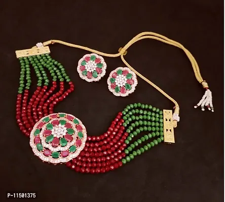 Paninaro Handmade Gold Plated American Diamond  MultiStrand Choker Necklace with Earrings Set for Women-thumb3