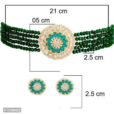 Paninaro Handmade Gold Plated American Diamond & MultiStrand Green Choker Necklace with Earrings Set for Women-thumb5