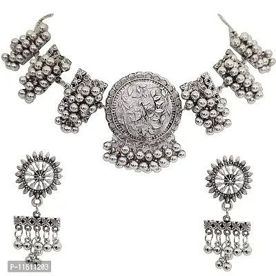 Paninaro India Jewellery Oxidised Silver Banjara Style Choker Necklace Set With Earring For Women & Girls-thumb4